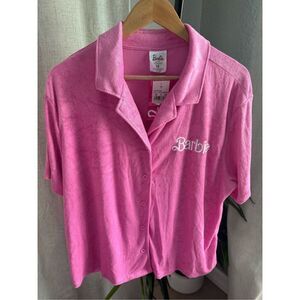 Barbie Pink Top Womens XL Terry Cloth Button Up Short Sleeve‎ Crop Shirt New 1X